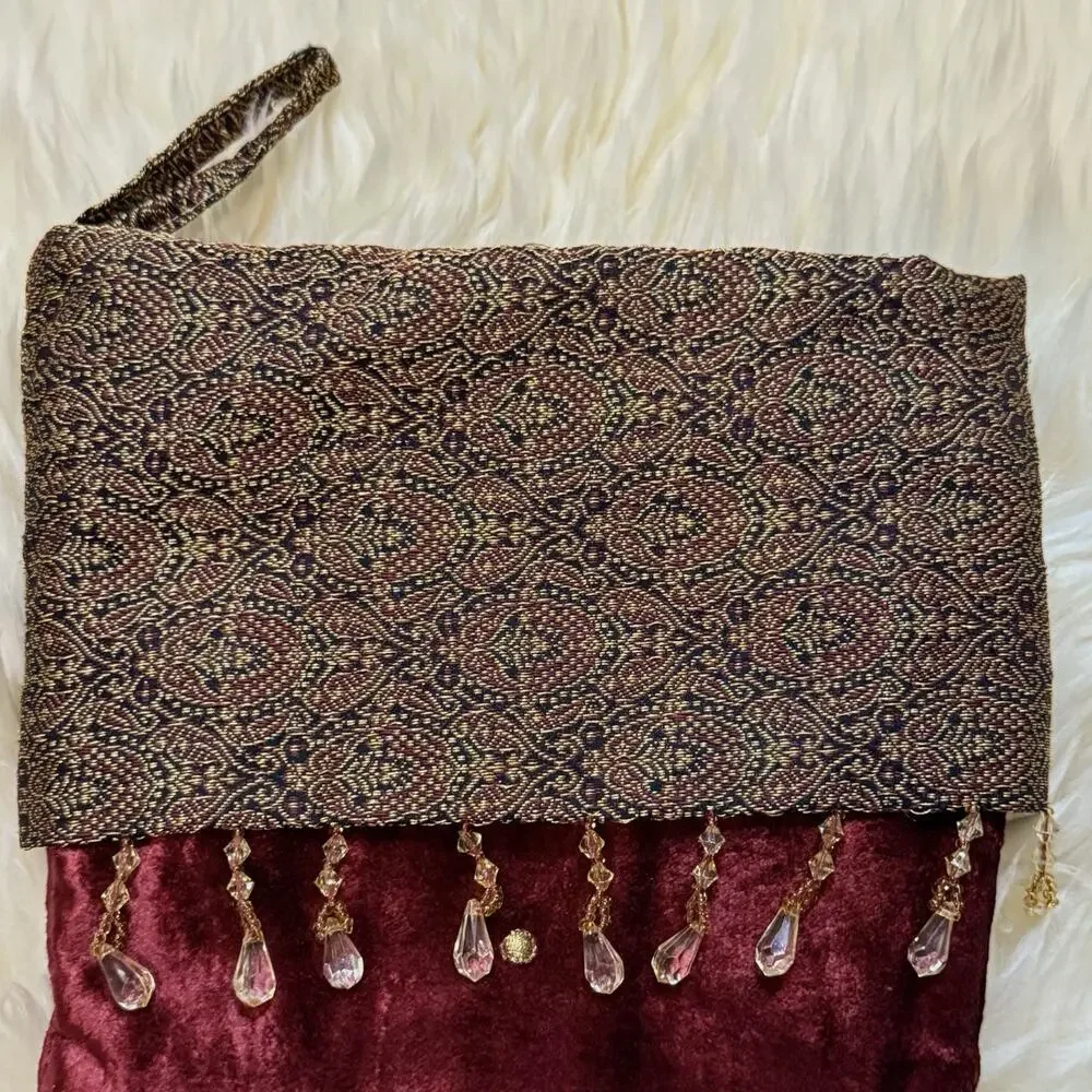 VTG Burgundy Velvet Gold Thread Paisley Brocade Crystal Bead Christmas Stocking